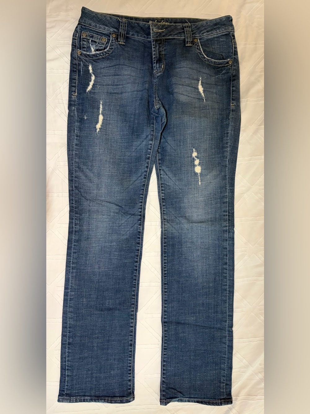 Dish Stevies Slim Straight Distressed Blue Denim Jeans